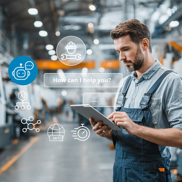 Technischer Servicemitarbeiter mit Ipad und KI, um Reparatur durchzuführen an einer Maschine in Fabrikhalle
