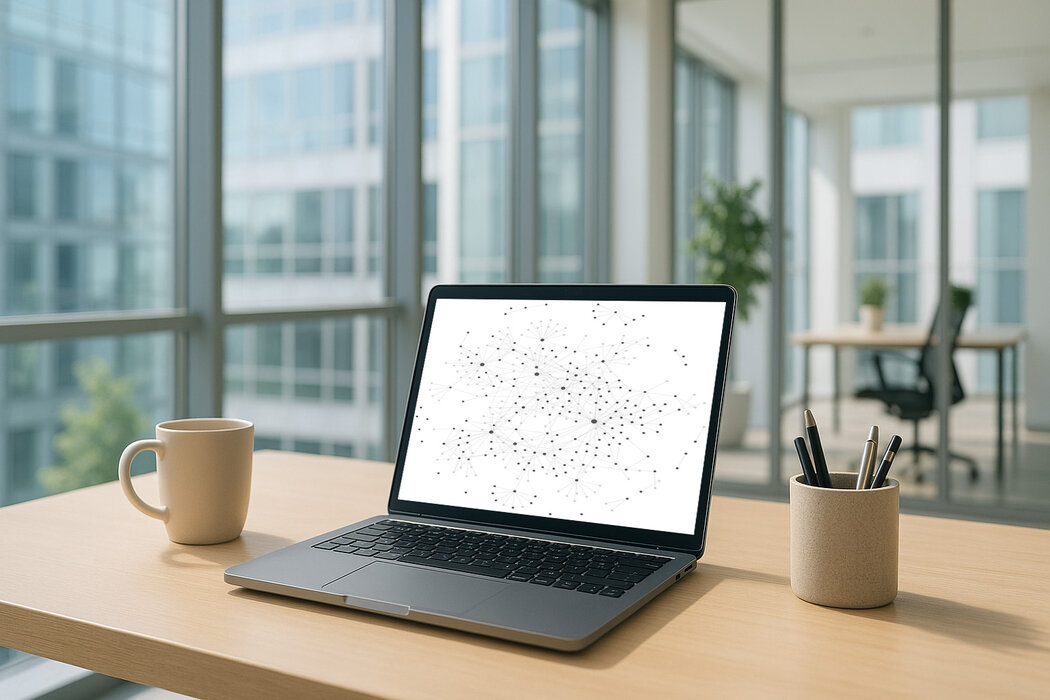 Büro mit Laptop auf einem Schreibtisch, der eine Visualisierung einer Graph-Datenbank zeigt