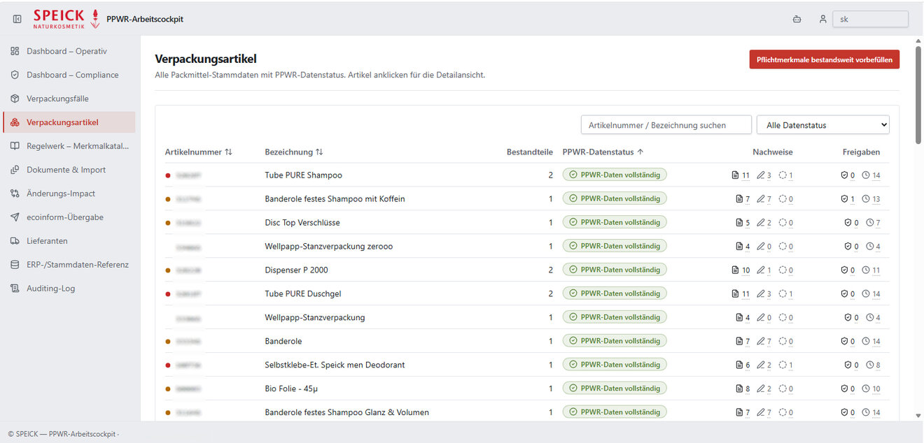 Speick KI gestützte Webanwendung PPWR Screenshot Dashboard
