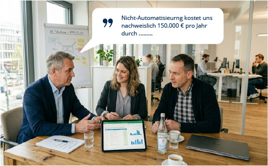 Besprechung Geschäftsleitung und Abteilungsleitung KI Projekte Mittelstand mit Textblase